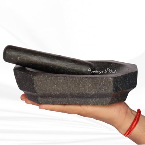 Image of Mortar pestle for kitchen, Silbatta for Chutney, Khalbatta Stone, ammikallu for kitchens small rolu rokali, idi kallu Pure Unpolished Granite Stone (Black, Length = 6 Inch)
