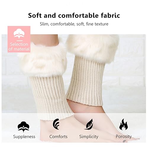 Women Faux Fur Trim Boot Cuffs, Short Furry Fuzzy Leg Warmers Winter Knitted Boot Socks Ankle Warmers for Girls3