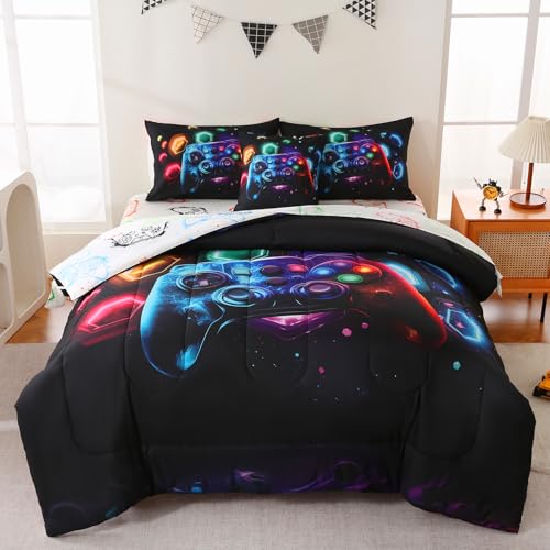 Image of 6 Pcs Bed in A Bag Gaming Full Size Comforter Sets for Boys,Gamer Bedding Set,Game Console Full Comforter Set with Sheets for Kids Teens