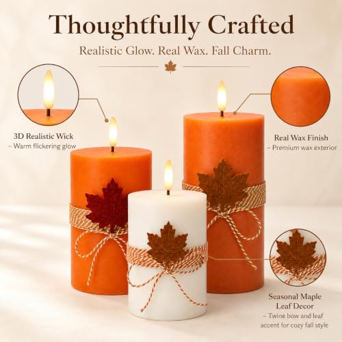 Image of Real Wax Flameless Candles 4 inch 5 inch 6 inch Set of 3 Indoor Outdoor Pillars Battery Operated Flickering Candles 3D Wick with Remote for Fall Decor Thanksgiving Day