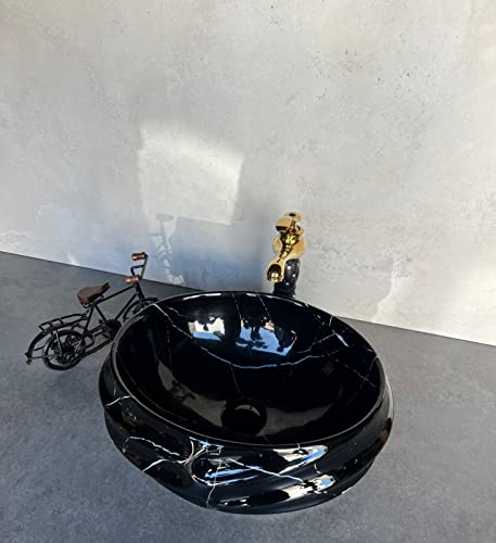 Image of Designer Glossy Finish Ceramic Art Table Top Wash Basin For Bathroom | Collapsible Countertop Washbasin (Black White Glossy Art, 16 x 13 x 6 Inch)