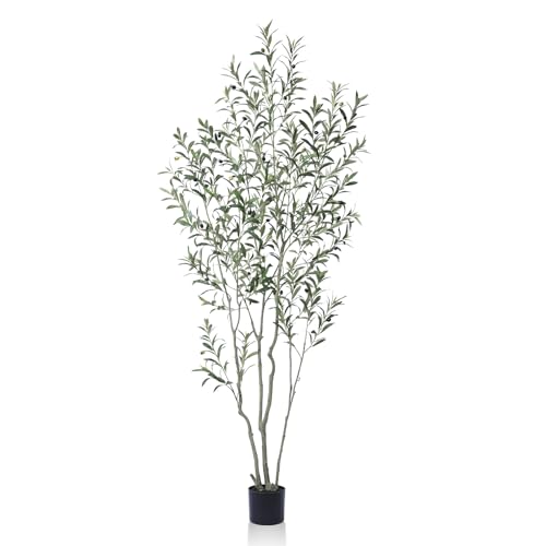 SOGUYI Olive Tree Artificial Indoor, 7 Ft Tall Lifelike Faux Olive Tree with Black Cement Pot – Realistic Fake Floor Plant for Home and Office Decor, Set of 1