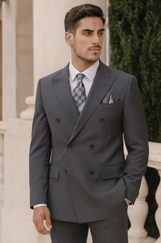 Mens Classic Wool Feel Double Breasted Suit in Heather Grey2