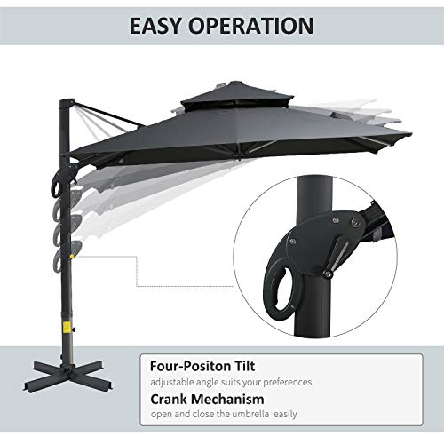 Outsunny 10Ft Cantilever Patio Umbrella With Base, Hanging Aluminum Offset Umbrella With 360° Rotation, Easy Tilt, 8 Ribs, Crank, Cross Base Included For Backyard, Poolside, Lawn, Garden, Dark Gray #TOP3