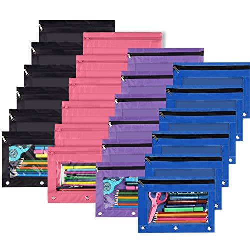 YoeeJob Pencil Pouch for 3 Ring Binderï¼ŒZipper Pencil Pouches Bulkï¼ŒPencil Case Pouch with Clear Window for Class, School, Office, 4 Colors-24 Packs