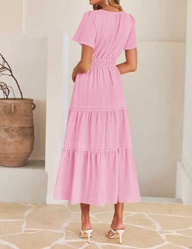 Image of ZESICA Women's Summer Casual Short Sleeve Midi Dresses 2026 V Neck Elastic Waist Tiered Flowy Boho Dress with Pocket