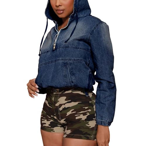PINSV Women's Half Zip Denim Hoodie Pullover Jacket Jean Sweatshirt Tops4