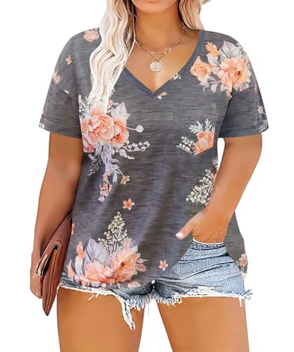 Image of TIYOMI Plus Size Tops for Women V Neck Tshirts Basic Tunic Casual Hawaii Floral Tie Dye Camo Summer Short Sleeve Tee XL-5XL
