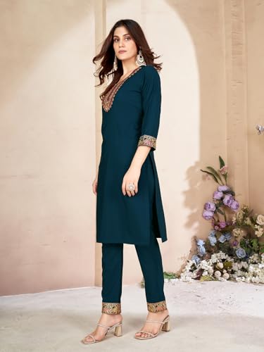 Image of Pratham Blue Kurta Set for Women Silk Embroidered Straight Kurta Set for Women with Pant