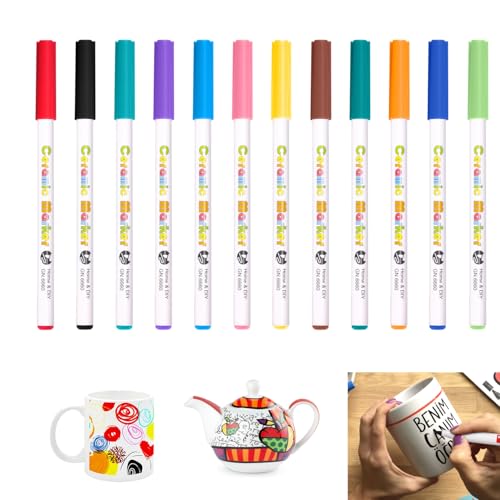 12 Colores Rotuladores Ceramica, 16cm Rotuladores Cerámica, Mmarcadores Acrílicos Resistentes al Agua, Aptos para Lavavajillas, Acrilicos Permanentes para Cerámico Vidrio Porcelana Piedras