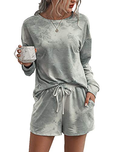 PRETTYGARDEN Womens Tie Dye Printed Pajamas Set Long Sleeve Tops with Shorts Lounge Set Casual Two-Piece Sleepwear Grey