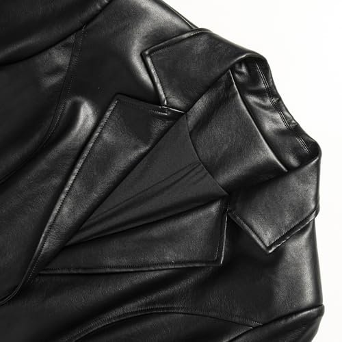 Women's Black Mid Length Faux PU Leather Trench Coat Long Sleeve Motorcycle Button Biker Overcoat With Belt2