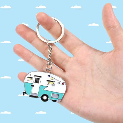 Image of Thinp 2 Pieces Camper Keychain, RV Camper Keyring Accessories for Travel Trailers Enameled Metal Retro Camping Car Keychain