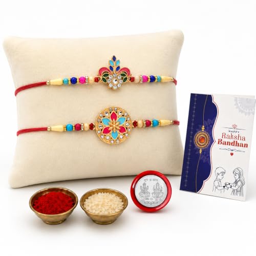 Image of Oblivion Rakhi Set for Brothers | Pack of 2 Peacock Floral & Round Meenakari Designer Rakhis with Roli Chawal, Shagun Coin & Greeting Card | Raksha Bandhan Gift Set