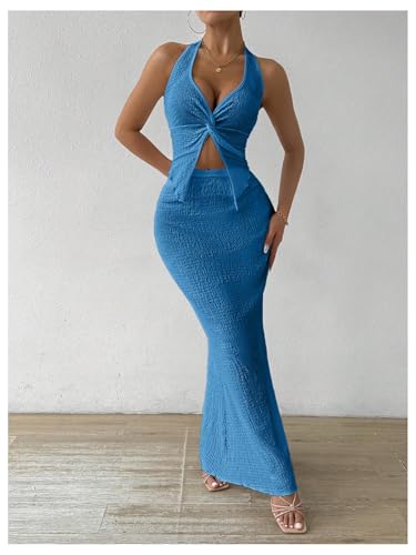 Image of SOLY HUX Women's Two Piece Outfits Twist Front Halter Cami Tops and Skirt Summer Set