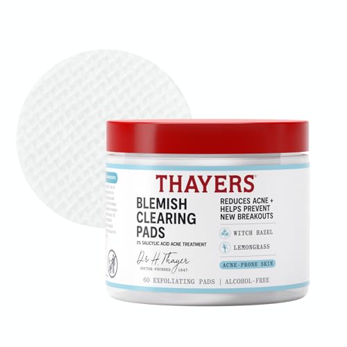Thayers Blemish Clearing Acne Pads, Salicylic Acid Acne Treatment for Face, Pore Reducing, Exfoliating, and Soothing Skincare, Witch Hazel Toner Pads, 60 Ct