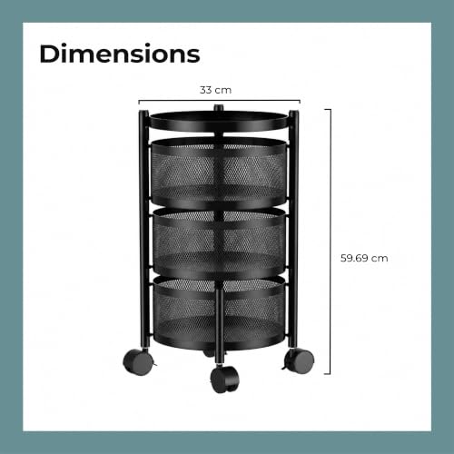 Image of Lifelong 3-Tier Multipurpose Organizer Cart with 360-Degree Rotating Wheels | Round Mesh Basket Trolley | Metal Storage Rack for Vegetables, Fruits, Utensils | Foldable Kitchen Trolley Stand