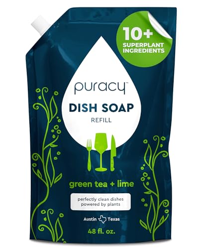 Image of Puracy Natural Dish Soap Refill - Skin-Softening Plant-Based Liquid Dishwashing Detergent Soap, Clean-Rinsing Water-Sheeting Formula (Green Tea & Lime, 48 fl oz)