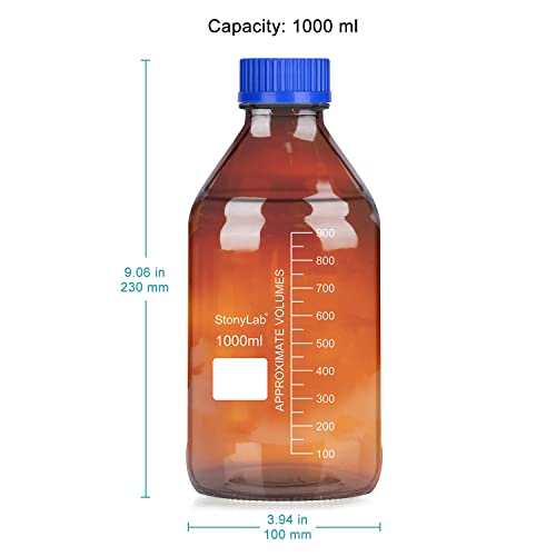 stonylab Storage Bottles with GL45 Screw Cap, 1000 ml Amber Borosilicate Glass Graduated Round Storage Bottle for Lab Reagent Media Storage Bottles with Blue Screw Cap, 1 Pack