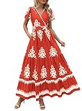 PRETTYGARDEN Womens 2025 Summer Casual V Neck Boho Maxi Dress Flowy Aline Bell Sleeve Tiered Floral Dresses with Pocket (Floral Brick Red White,Medium)