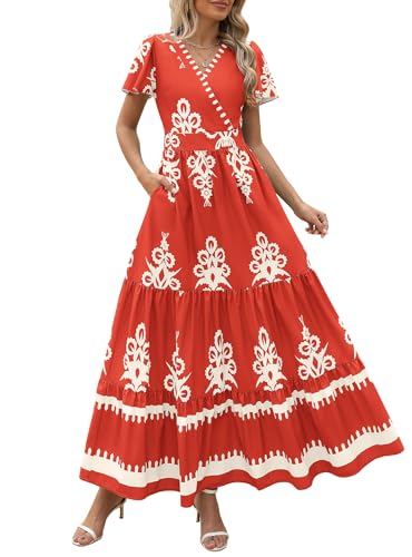 Image of PRETTYGARDEN Womens 2026 Summer Casual V Neck Boho Maxi Dress Flowy Aline Bell Sleeve Tiered Floral Dresses with Pocket