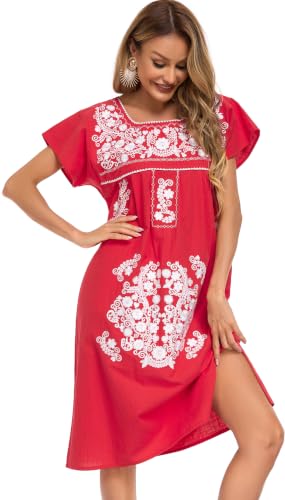 Image of YZXDORWJ Women Mexican Embroidered Long Dress Ruffle Collar Maxi Boho Floral Summer Short Sleeve