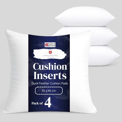 Lancashire Textiles Cushion Pads Generously Filled With Ethically Sourced Duck Feathers Encased In Pure Cambric Cotton Cover 4 Pack 18 x 18 (45cm) - 100% Downproof Cotton Cover - Made in UK