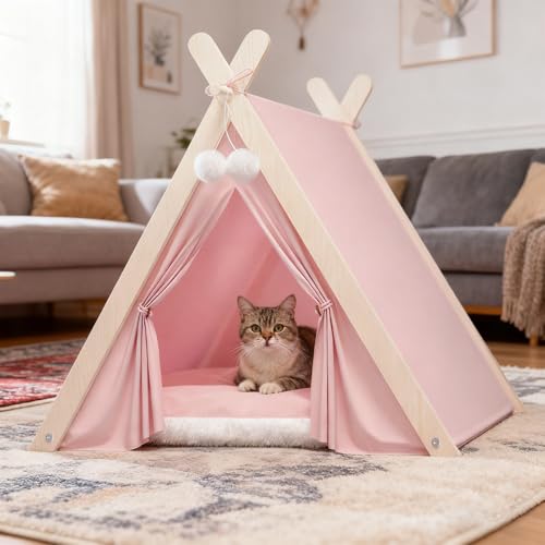 PETCUTE Tenda per Animali Domestici,Tipi Tenda per Cani e Gatti con Struttura Triangolare e Cuscino Rimovibile e Lavabil,Pieghevole Teepee per Gatti,per Interni ed Esterni,Rosa