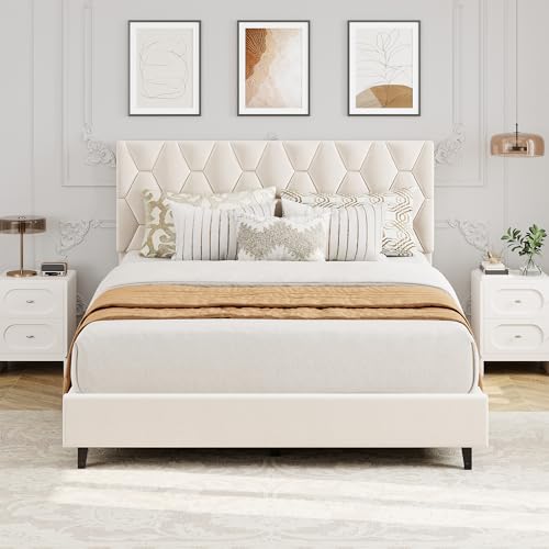 GAOMON Beige Full Bed Frame with Upholstered Headboard, Heavy-Duty Platform Bed Frame with Strong Wood Slats, No Box Spring Needed/Noise Free/Easy Assembly