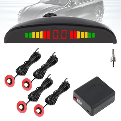 Radar de marcha atrás 12 V 4 sensores 16 mm original sensor de aparcamiento plano de coche Crescent Auto Reverse Backup Radar Detector con pantalla radar inverso de estacionamiento (negro)