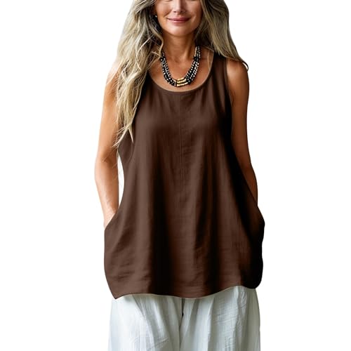Image of Longline Tank Tops for Women UK, Summer Cotton Linen Vest Sleeveless T Shirts Round Neck Oversized Tees Solid Color Elegant Tshirt Ladies Blouses Loose Fit Tanks Brown