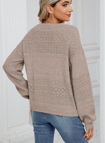 FEKOAFE Womens Sweaters 2025 Fall V Neck Long Sleeve Hollow Knit Pullover Sweaters for Women4