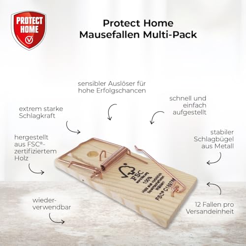 Protect Home Mausefalle Classic, Holz, Mouse Trap, Klassische Mäusefalle mit hoher Schlagkraft, Multipack 12 Stück – Ansicht 2