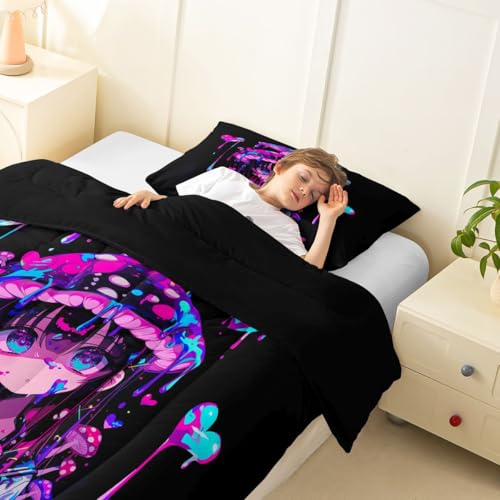 Image of Erosebridal Mushroom Girl Comforter Set for Kids Boys Girls 3D Japanese Girly Bedding Watercolor Graffiti Duvet Set Cute Anime Gifts Comforter Twin with 1 Pillowcase
