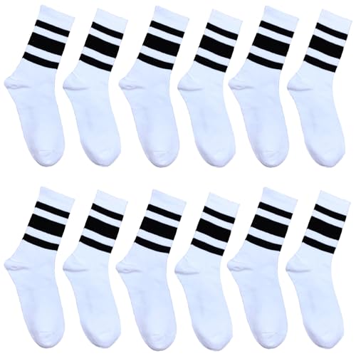 Image of Trendy Women Striped Crew Socks Bulk, Retro 70s 80s Casual Athletic Sock, Slouchy Crew Socks Teens