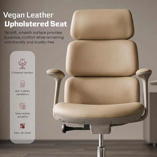 Image of DROGO Cloud Ergonomic Office Chair for Work from Home | Premium Vegan Leather with 3-Section High Backrest Cushion | Computer Chair with 4 Recline Tilt-Lock Positions & Heavy Duty Metal Base (Beige)