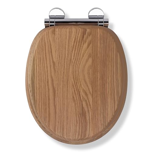 Croydex Rutland Flexi-Fix Soft Close Wooden Toilet Seat - Quick Release Button for Easy Cleaning, Adjustable Hinges with Top and Bottom Fixings, Anti-Bacterial and Heavy Duty Toilet Seat (Solid Oak)