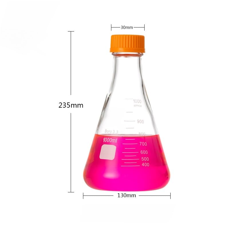 Matraz cónico de vidrio, Matraz cónico de cuello espiral vidrio borosilicato 250 ml, 500 y 1000 for uso en laboratorio(1000ml)