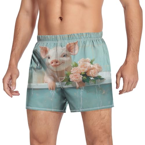 Cute Pig Bathtub Men's Cotton Boxer Shorts Moisture-Wicking Sleep Shorts Underwear Pajama Bottoms with Button Fly3