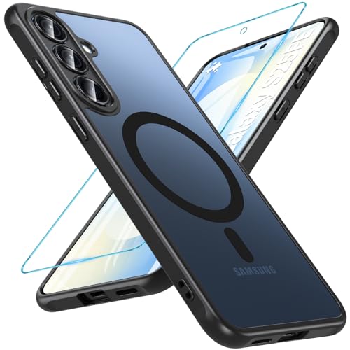 Magnetisch Für Samsung Galaxy S25 FE Hülle mit Panzerglas Glas,Militärschutz Handyhülle für S25 FE mit MagSafe Matt Transluzente Robust Schutzfolie Schutzhülle Case Cover für Samsung S25 FE(Schwarz)