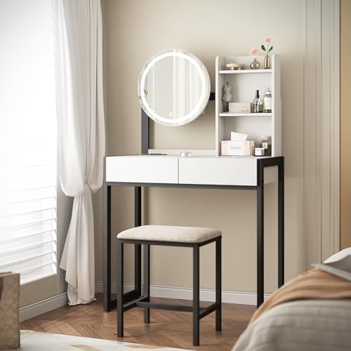 Image of Small Vanity Desk with Mirror and Lights, Makeup Vanity Table with LED Mirror, 3 Lighting Modes, Power Outlet, Drawer, Open Shelves and Cushioned Stool for Bedroom (Black)
