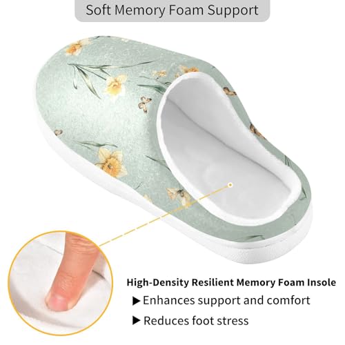 JUNZAN Cute Daffodils Sage Green Women Cotton Slippers Warm Memory Foam Bedroom Slippers for Hospital Christmas Presents 6-72