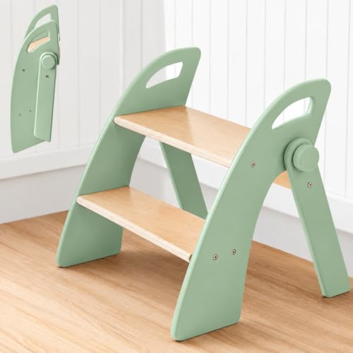 Taburete Niños Madera de 2 Peldaños Plegable, Capacidad de 130 kg con Alfombrilla Antideslizante y Asas, Escalon Infanti