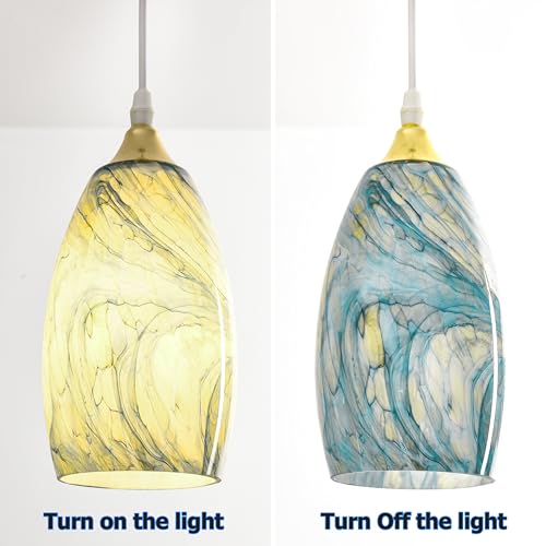 Image of GO&SO Ink-blue Glass Lamp Shade Set of 2,7.8 inch H x 4 inch D,Oval Pendant Light | 1.57 inch Fitter E26 Base,Hand-Blown Art Fixtures,Chandelier Shades for Kitchen Island,Hanging Light Shades