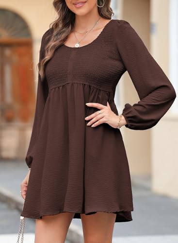 Image of Dokotoo Womens Fall Dresses 2026 Casual Smocked Crewneck Button Up Long Sleeve Empire Waist A-Line Mini Dress