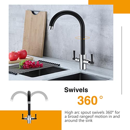 Hapilife Matte Black and Chrome Kitchen Sink Mixer Tap 1 Hole Dual Lever Swan Neck Kitchen Sink Taps Stainless Steel Monobloc Faucet 360° Swivel Spout - Image 3