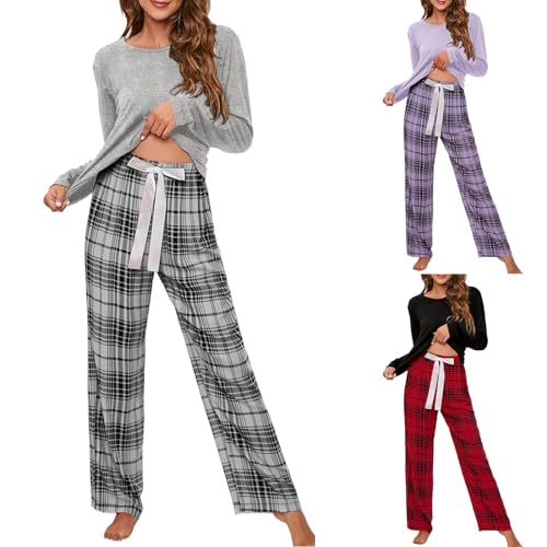 Traje de casa para mujer de algodón de manga larga - Pijama de verano para mujer, pantalones largos, juego de pijama de 2 piezas, cuello redondo, ropa de estar, ropa de casa, ropa de dormir informal