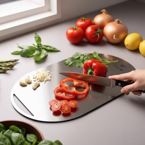 Rusabl Stainless Steel Chopping Board for Kitchen (Oval), Food Gr...
