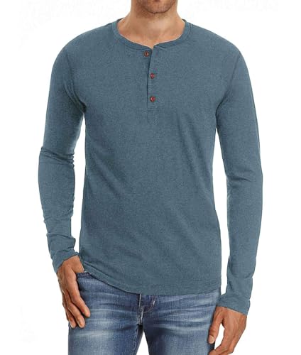 PEGENO Men's Fashion Casual Front Placket Long Sleeve Henley T-Shirts Cotton Shirts
