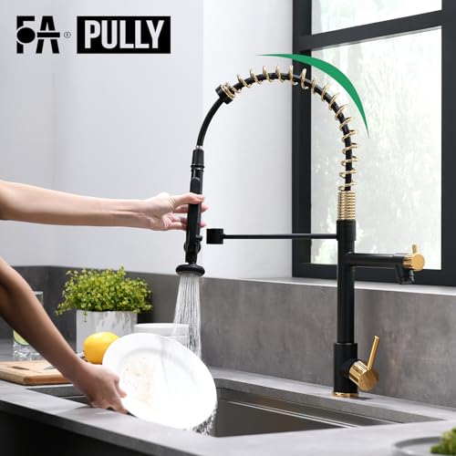 Image of Fapully Black&Gold Kitchen Faucet with Sprayer,Commercial Pull Down